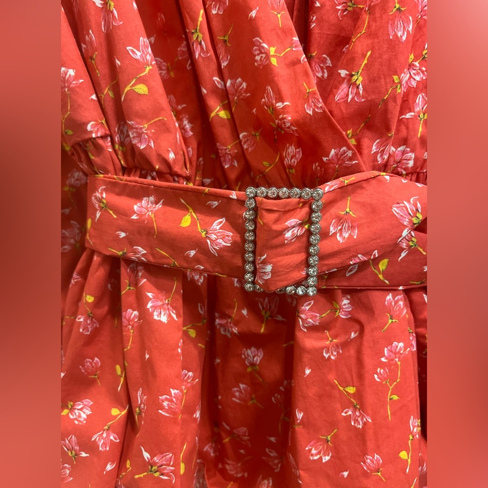 ZARA Red Floral Print Top Blouse With Belt Puff Shoulder - Picture 5 of 6